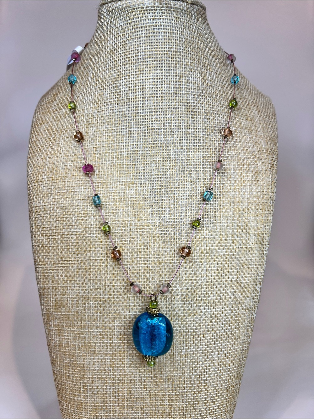 Handmade boho wired vibrant glass ocean blue focal pendant floated necklace